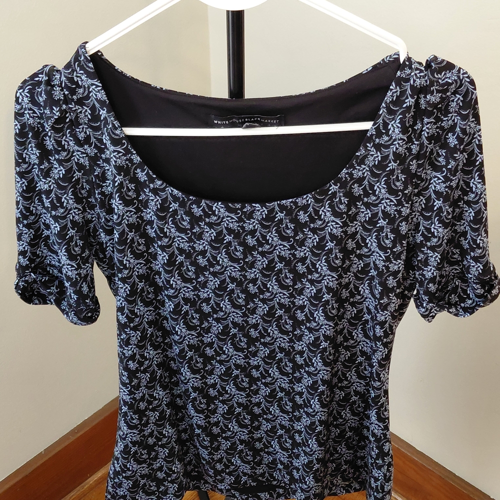 White House Black Market Blue and Black Floral Blouse